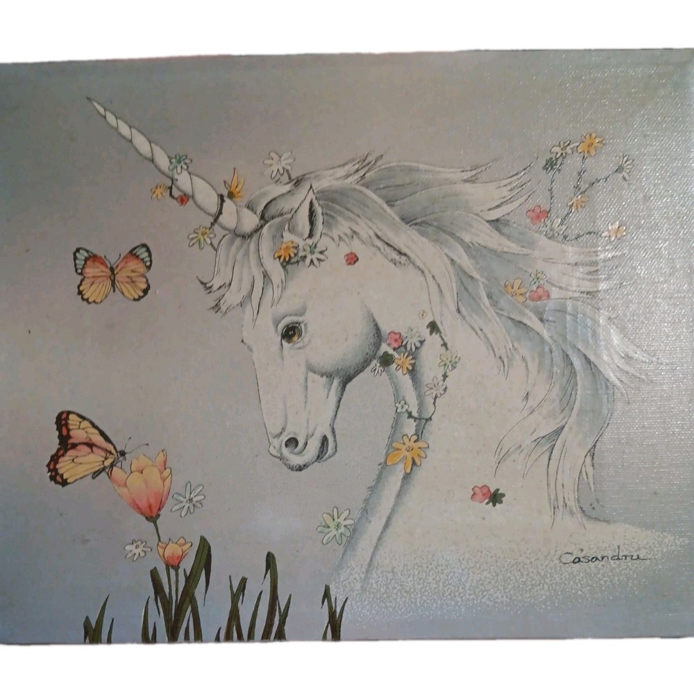 Vintage 8×10 Oil Painting Casandra signed Artistic Unicorn Flowers Butterfly