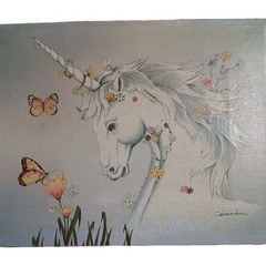 Vintage 8×10 Oil Painting Casandra signed Artistic Unicorn Flowers Butterfly