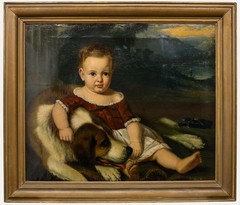 American School 19th Century Oil – Portrait of a Child with a Saint Bernard
