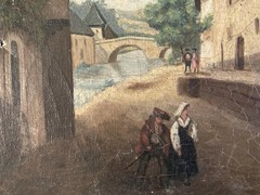 Painting Oil on Canvas Village Xixth 1850 Mountain Antique Painting Romantic