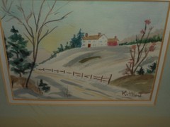 Original Watercolor Painting Winter Farm Landscape Signed Matted in Silver Frame