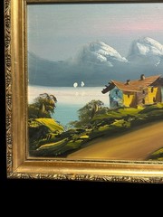 Vintage MCM Andean Folk Art Oil Painting Peruvian Village Gilded Gold Frame