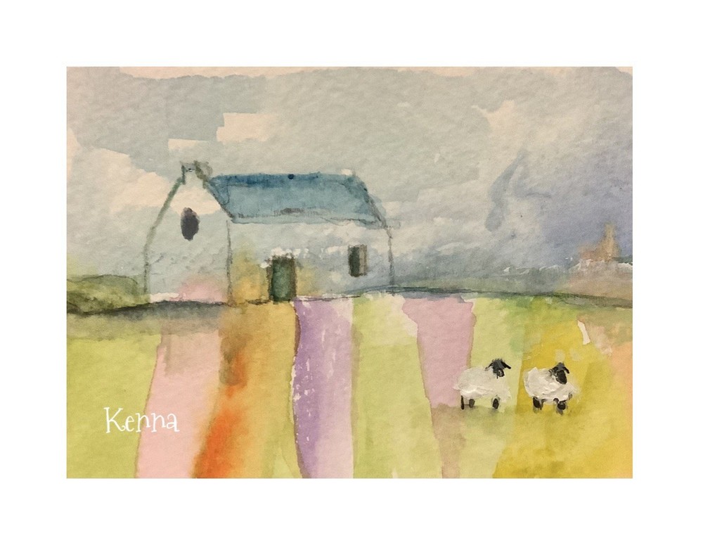 ACEO By Kenna Original Painting Art Cottage & Sheep 2.5” X 3.5” Signed ÀTC
