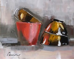 vintage cups gold,PINK Still Life Oil painting collectible art UKRAINE 8X10