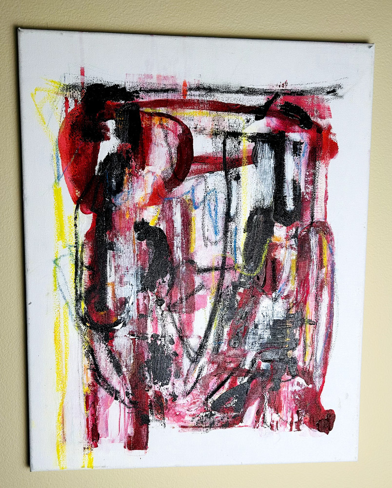 Abstract Canvas Painting 20″x16″ (Burgundy Red with Yellow, Blue & Black)