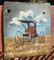 Oil On Slate Painting Amish Buggy Signed V. Zimmerman 5.5 X 6”