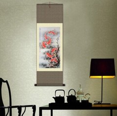China Painting Silk Scroll Koi Carp Fish Home Decoration S154