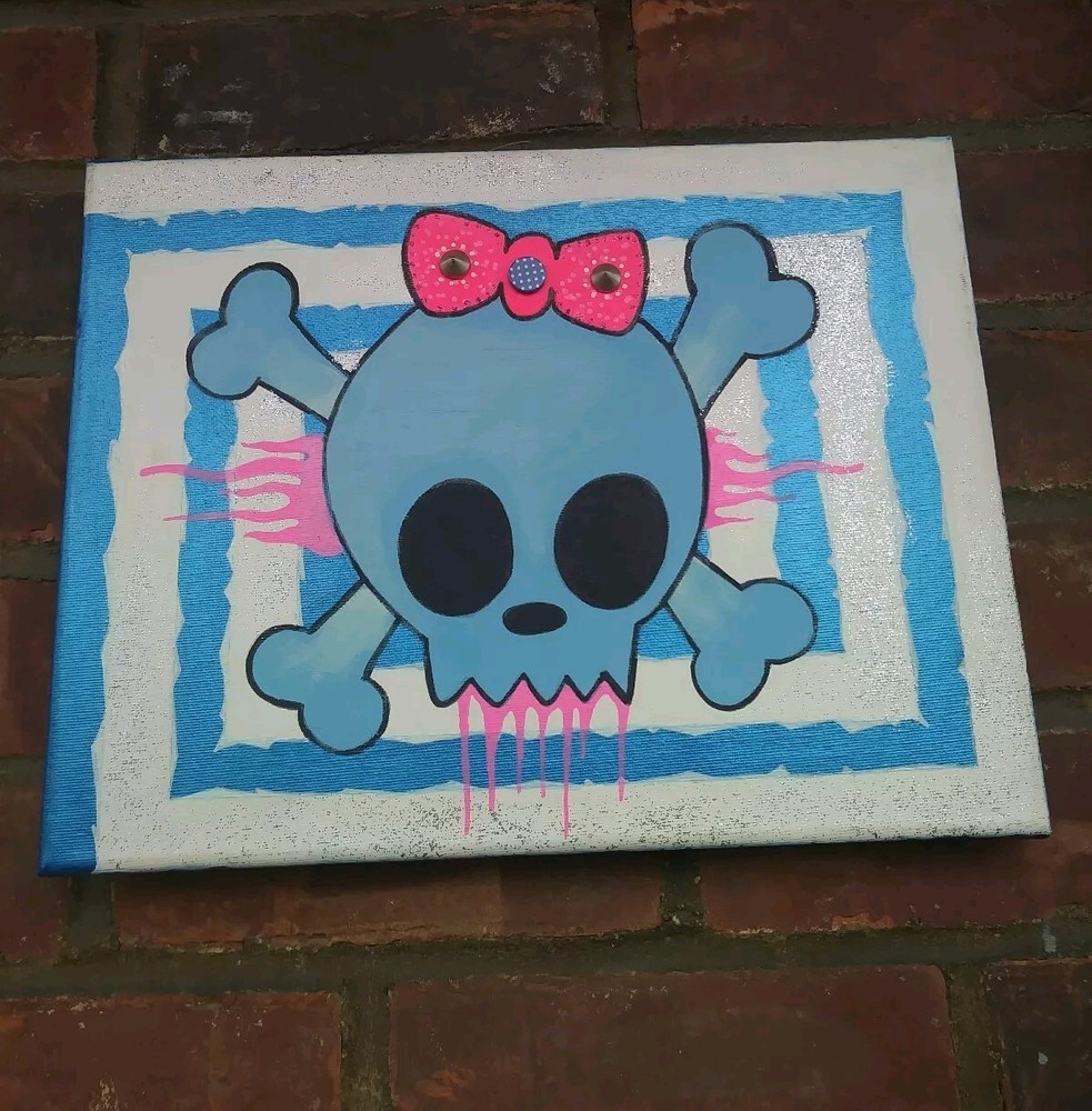 Cute Skull Painting – Glitter Designs & Spiked Bow – 11 x 14 inches