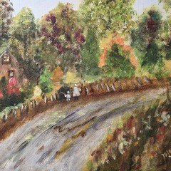 Cottage Country Lane Orig. Painting Fence Autumn Trees 9 x 12″ Unframed Board
