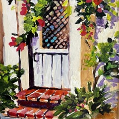 Jane Slivka Painting Acrylic Original Impressionist Garden Doorway Floral Signed