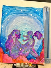 Watercolor Silhouette Original Memorial Art Angels Sky Clouds Star Paint