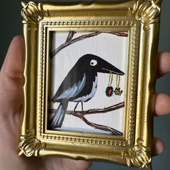 Magpie,bird,funny,cute,original,miniature Painting,small,mini,framed
