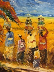 Haitian Folk Art Oil Painting on Cloth SIGNED S.Toma 12×12 Landscape Daily Life