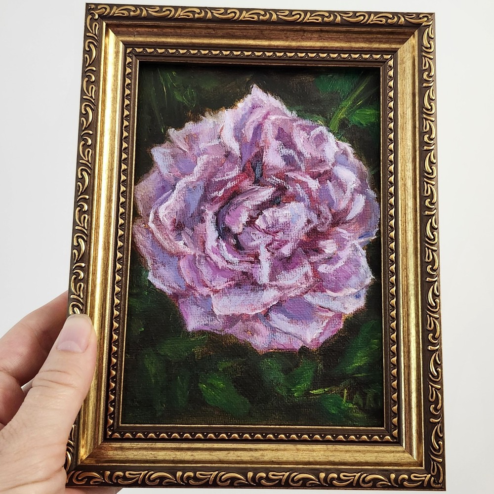 Pink Purple Rose Framed Original Oil Painting 5×7 Signed OOAK Floral Art Gift