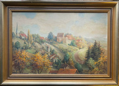 Painting Village View Roofs over City with Path and Meadow Landscape Trees Oil
