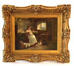 Finely Framed Signed Realistic Oil Painting by Alexander Austen Mother Child Dog