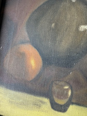 Vintage Oil Painting Still Life Pewter Pitcher Bottle Fruit Signed 1964 Framed