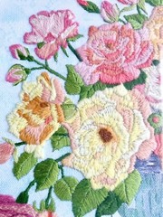 Hand-Embroidered Framed Wall Art W/ Pink Yellow Purple Rose Bouquet Vase 16”x19”