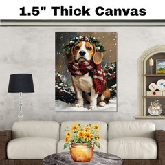 Christmas Beagle with Holly Wreath Canvas Art for Winter Snow Home Wall Decor