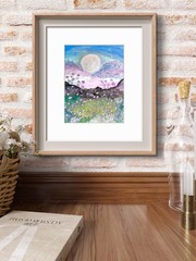 Full Moon Over Mountains And Meadows Imxpressionist Original Watercolor 9×12