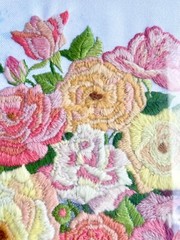 Hand-Embroidered Framed Wall Art W/ Pink Yellow Purple Rose Bouquet Vase 16”x19”