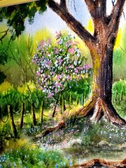 GORGEOUS Bluebonnet Landscape Blooming Tree Flowers Fence WTC Vintage Painting