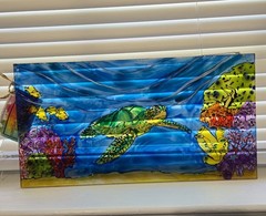 Sea Turtle Ocean Scene Hand Painted Suncatcher ART Panel Hanging Underwater Pic
