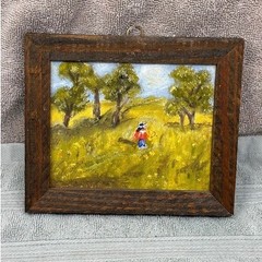 Vtg Miniature Oil Landscape Painting Framed Meadow Figure Rustic Wood 5.5×4.5