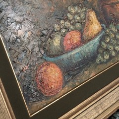 Large Vintage Oil Painting Gold Wood Frame Green Velvet Mat Still Life 42×24 Art