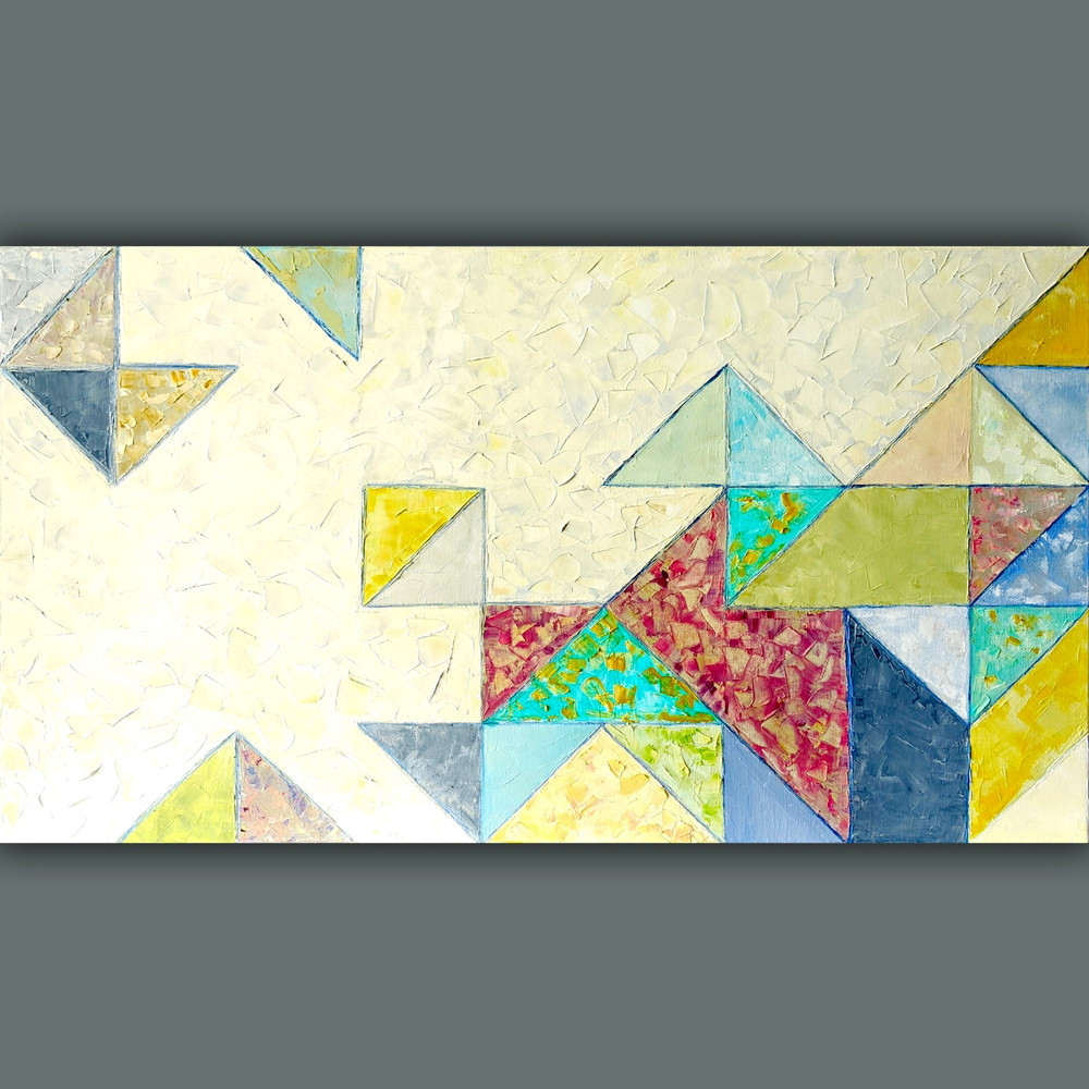 Large Textured Geometric Abstract Oil Painting Modern Color Blocks 20×36″ Canvas