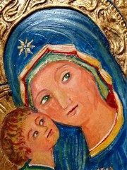 Religious Gold Leaf Painting Mother & Child Art Icon Barcelona Spain Carved Wood