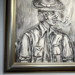Vintage „Man Smoking A Pipe” Black / White Painting – Signed And Framed 32 x 29