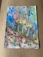 Original Art Watercolor Painting Three Mushrooms In The Wild Signed OOAK