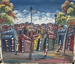 Original Haitian oil hand painting 23.5in x 19.75in village houses exotic life