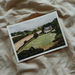 Original Watercolor Landscape Painting Cottage Countryside Rural Farmhouse Art