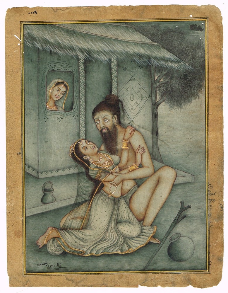 Indian Miniature Old Painting Of A Man And Woman Love Scene On Paper 7×9 Inches