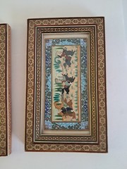 3 Vintage Persian Miniature Painting Khatam Marquetry Frame Hunting Chovgan Art