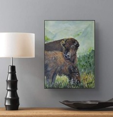 Original Expressive 9 x 12 Bison and Yearling Acrylic on Canvas Painting
