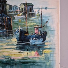 Vintage Original Signed Oil Painting of Harbor Scene Featuring a Fishing Boat
