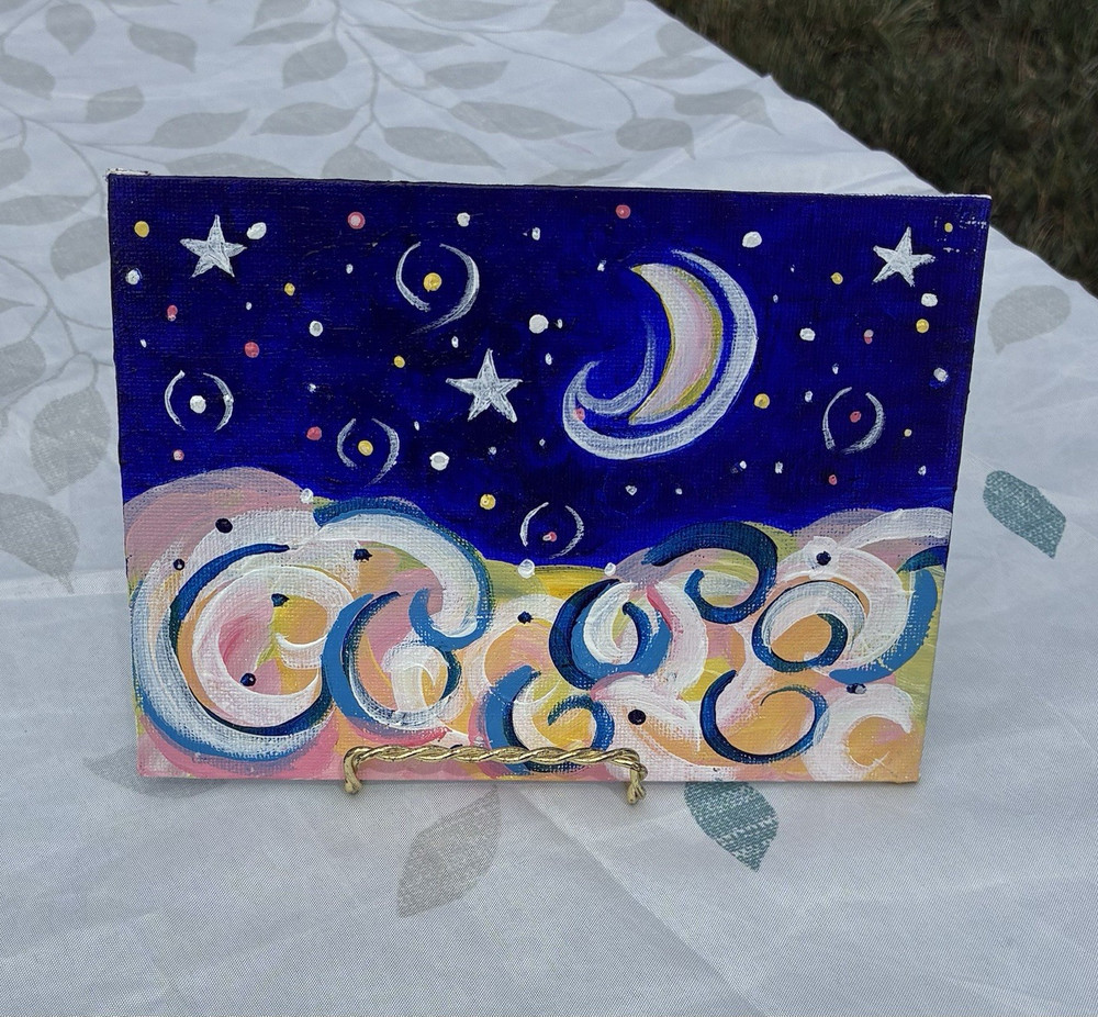 Abstract Moon & Stars Night Sky Clouds Painting on Canvas Panel, Unframed