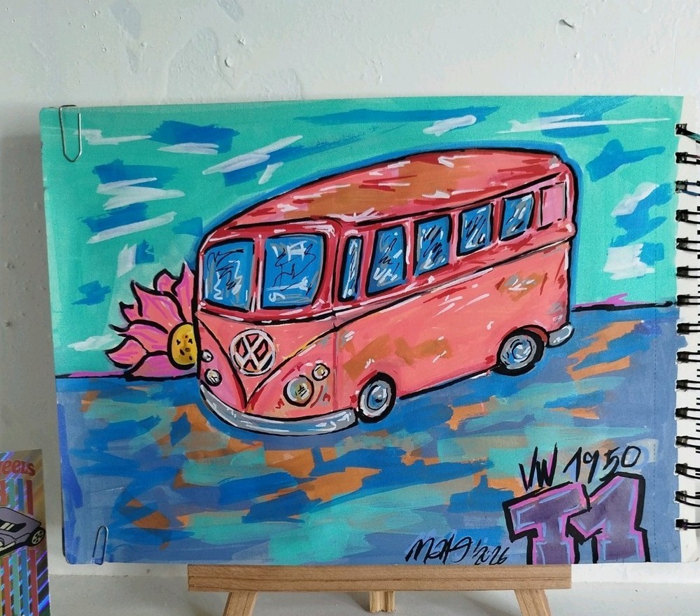 VW T1 painting acrylic unique signature 1/1 in A4 landscape format