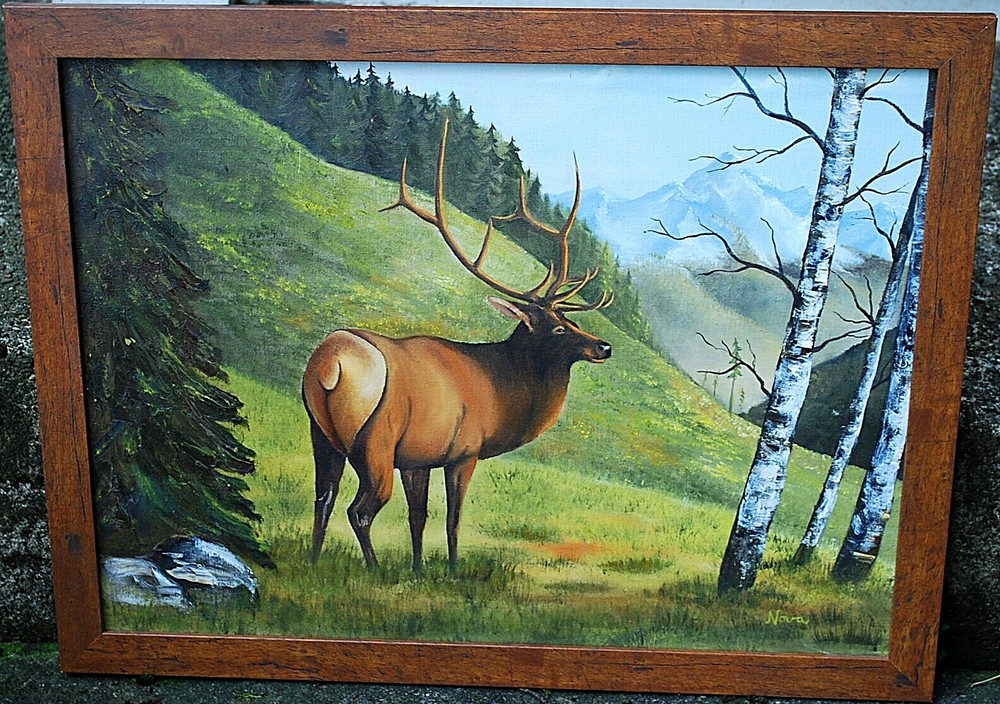 Vtg 26″ ORIGINAL ACRYLIC PAINTING On Canvas BULL ELK/ LANDSCAPE Signed & Framed