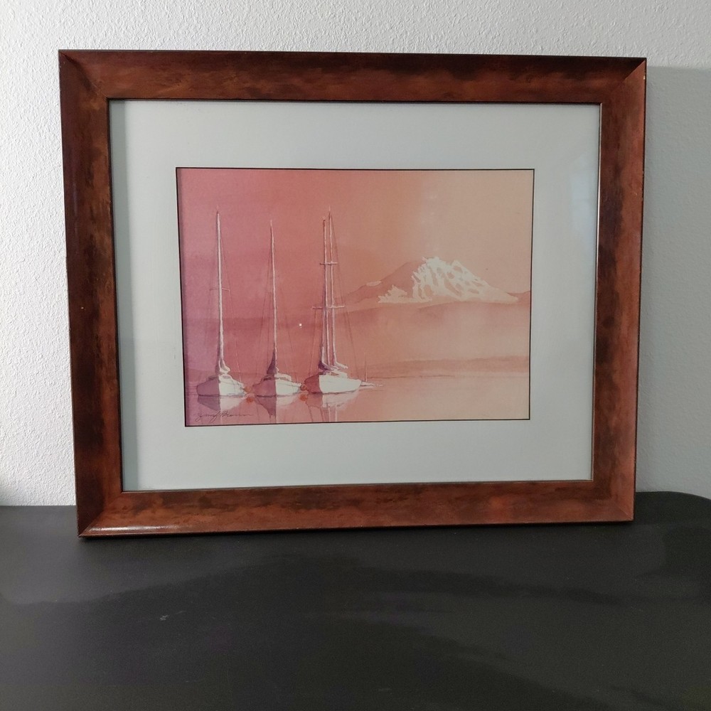 Jennifer Bowman Painting Watercolor Sailboats Mountain Pinks Oranges Framed OOAK