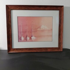 Jennifer Bowman Painting Watercolor Sailboats Mountain Pinks Oranges Framed OOAK