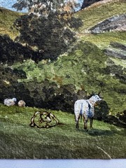 Vintage 19th Century Watercolor Landscape Scenic Painting Cows Meadow Rocky 13×9