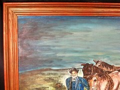 A Man and His Favorite Horses Primitive Oil Painting Signed on Canvas Panel