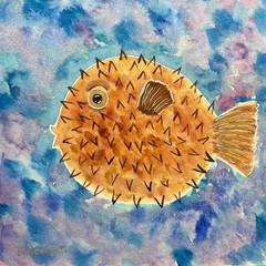 Hand painted watercolor original painting orange puffer fish