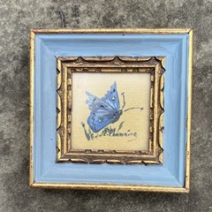 Vintage Gold Miniature Framed butterfly Painting On Gold metal Easel