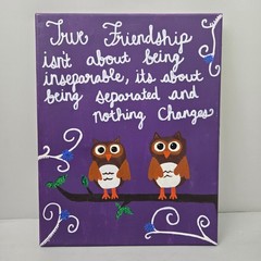 Whimsical Owl Painting Canvas Signed Two Owls Friendship Quote Purple Wall Art