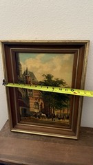 Dutch Oil On Board Painting Of A Town Scene 14”x10” Horses People